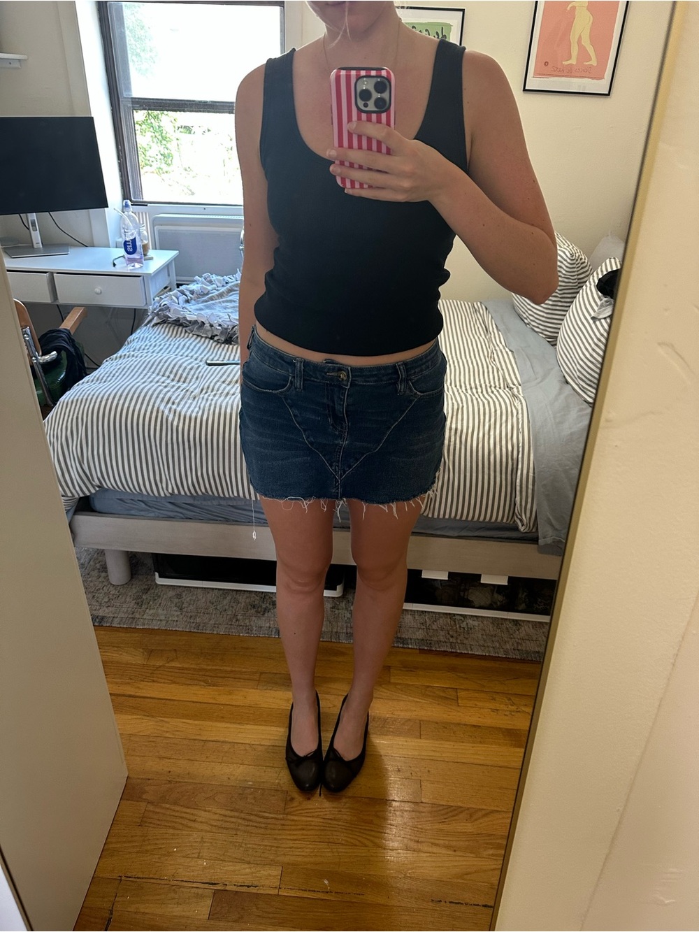 Dark Blue Denim Frayed Hem Mini Skirt